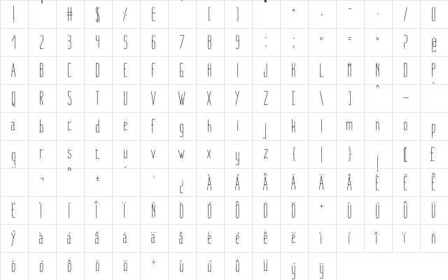Nue Light Regular  glyph index