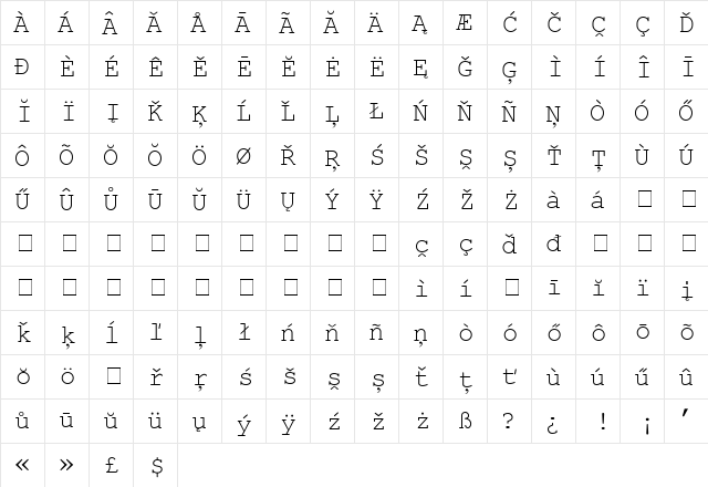 European Courier Regular  glyph index