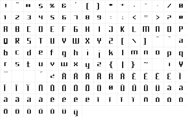 CyborgCondensed Regular  glyph index