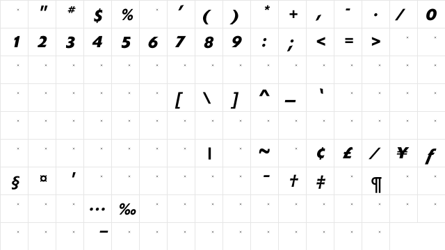 ExtensionBoldItalicTab Regular  glyph index