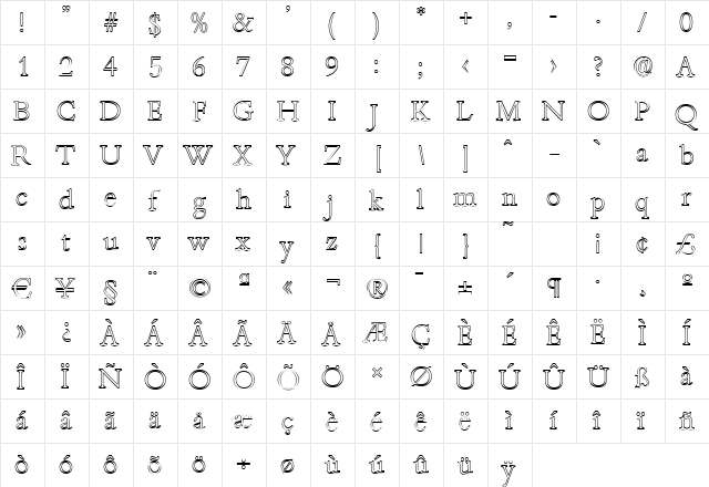 JoshuaBeckerOutline-Xlight Regular  glyph index