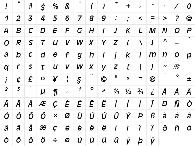 Decade SSi Italic  glyph index