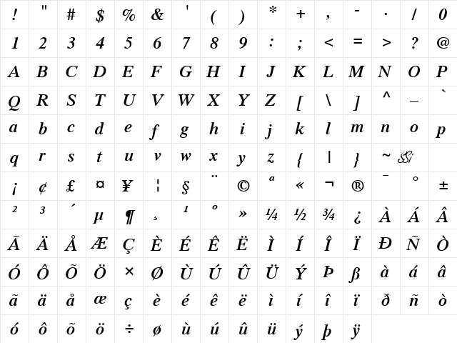 Greco SSi Semi Bold Italic  glyph index