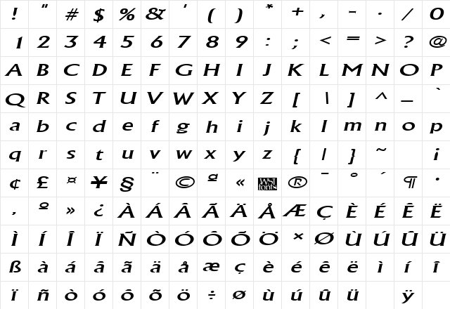 AlbertaWide Italic  glyph index