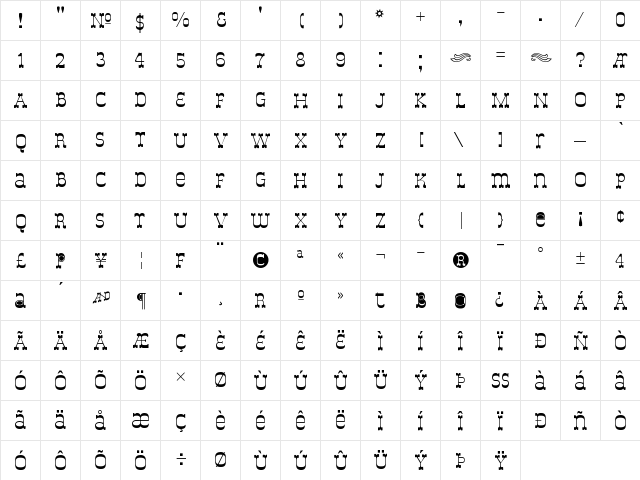 DeLouisville Regular  glyph index