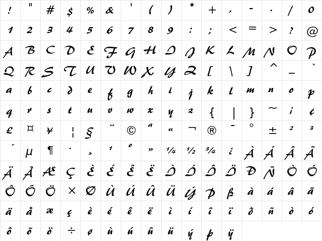 Brush 445 Regular  glyph index