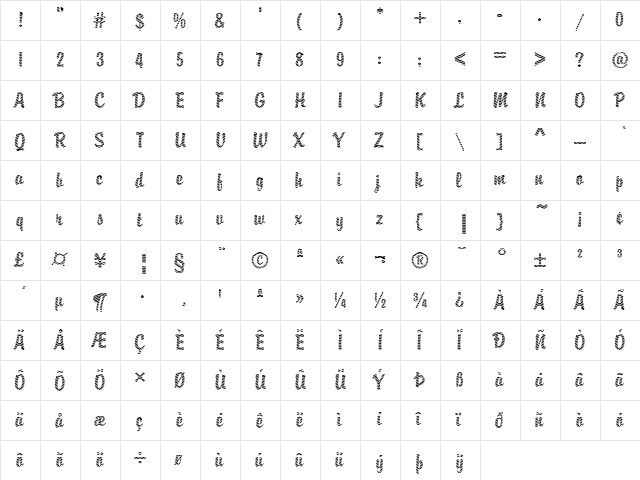 DTC Brody M05 Regular  glyph index