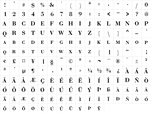 BodoniExpert Bold  glyph index