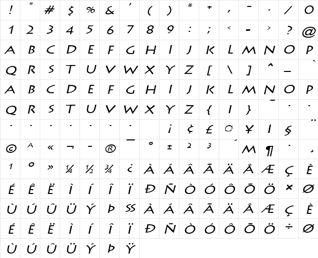 Liste-Extended Italic  glyph index