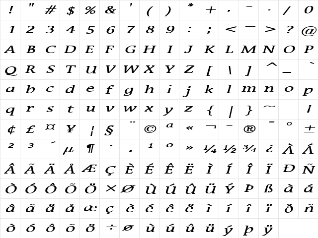 Mirror Wide BoldItalic  glyph index