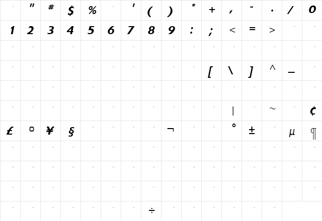ExtensionMediumItalicTab Roman  glyph index