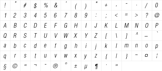 AGLettericaLightCondensedC Italic  glyph index