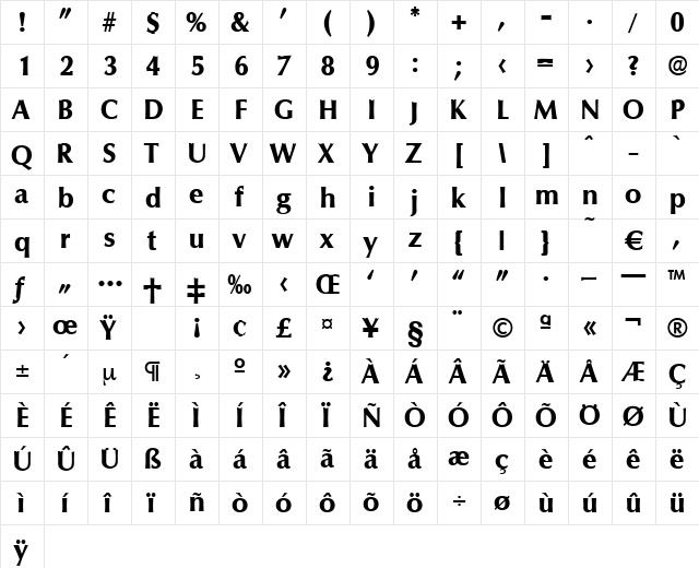 Columbia-Bold Regular  glyph index