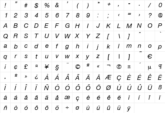Olnova-MediumIta Regular  glyph index