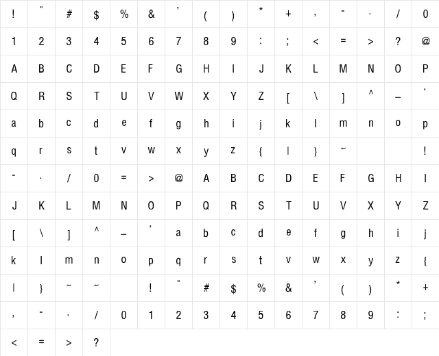 HelvCND_R-Normal Regular  glyph index