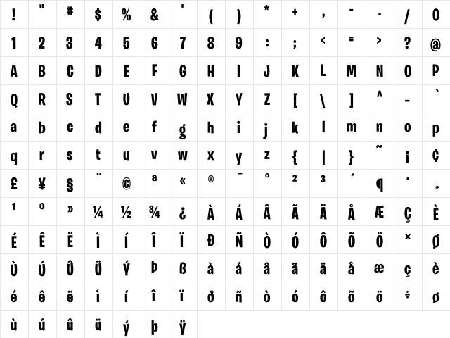 Burbank Big Condensed Bold  glyph index