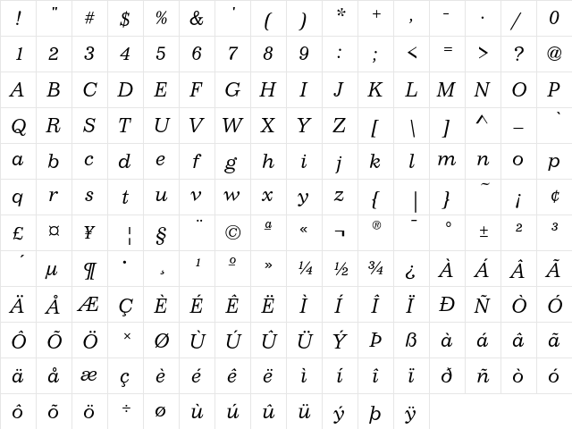 ImpressumEF LightItalic  glyph index