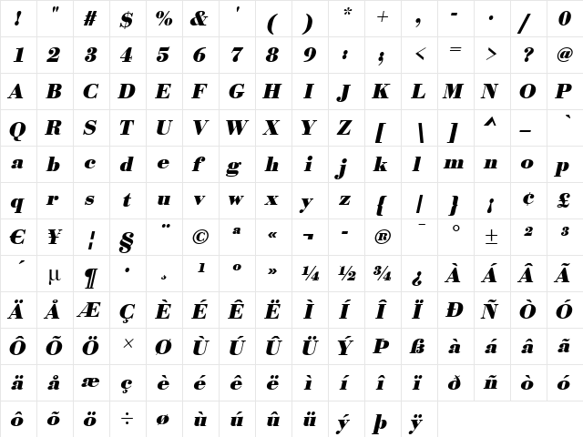 OlgaBecker Bold Italic  glyph index