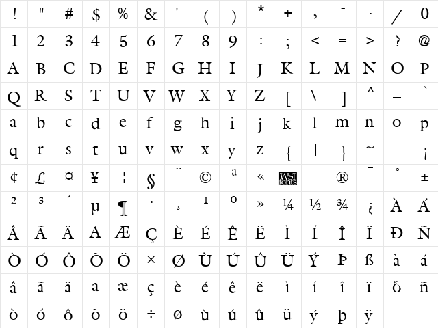 Gilliad Regular  glyph index