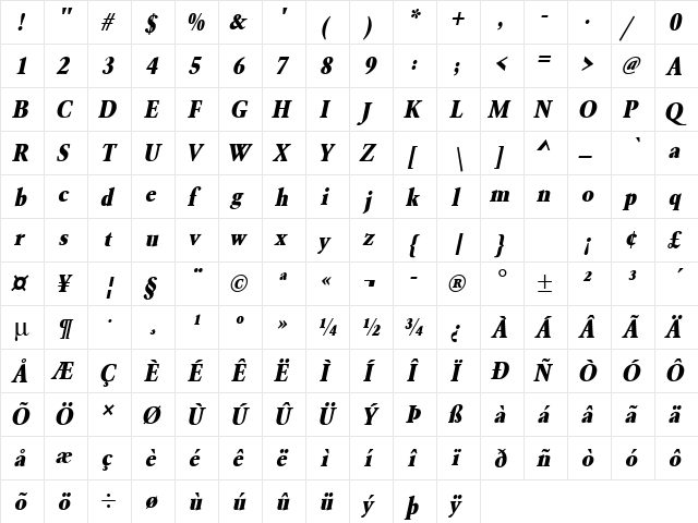 URWGaramondTExtBolExtNar Oblique  glyph index