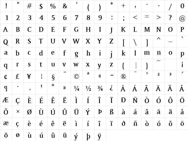 Memento SemiBold Regular  glyph index