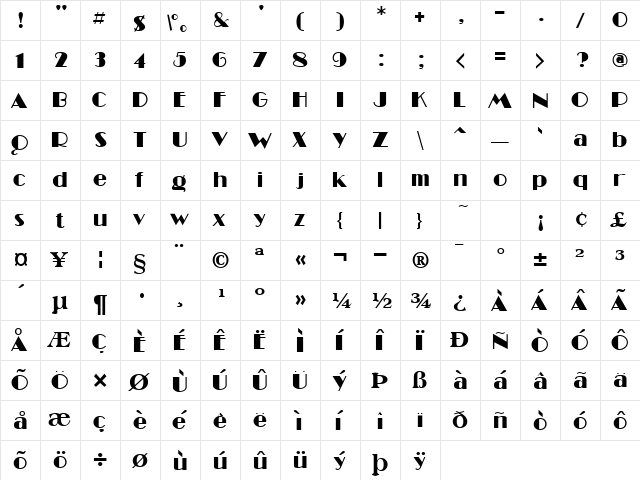 Super Regular  glyph index