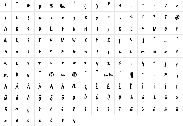 FFErikrighthand-Caps Regular  glyph index