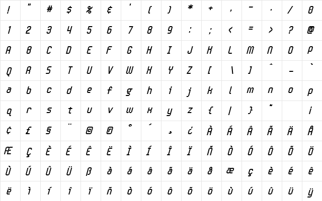 Handheld Italic Regular  glyph index