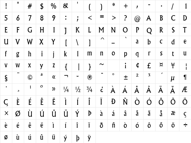 Flair-Condensed Normal  glyph index