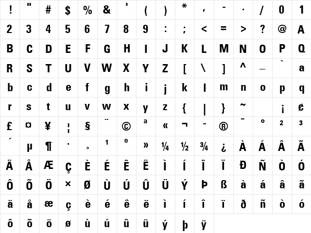 Univers 57 Condensed Bold  glyph index
