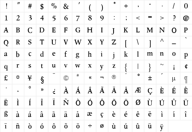 LeightonBold Roman  glyph index