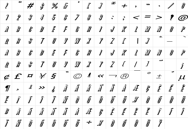 Phoenix Extended D Italic  glyph index