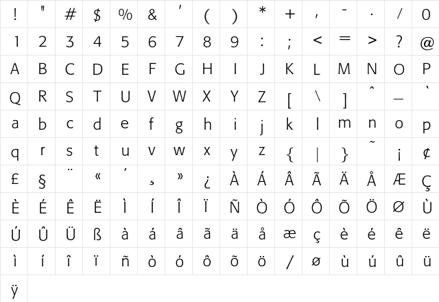 Cartoon Regular  glyph index