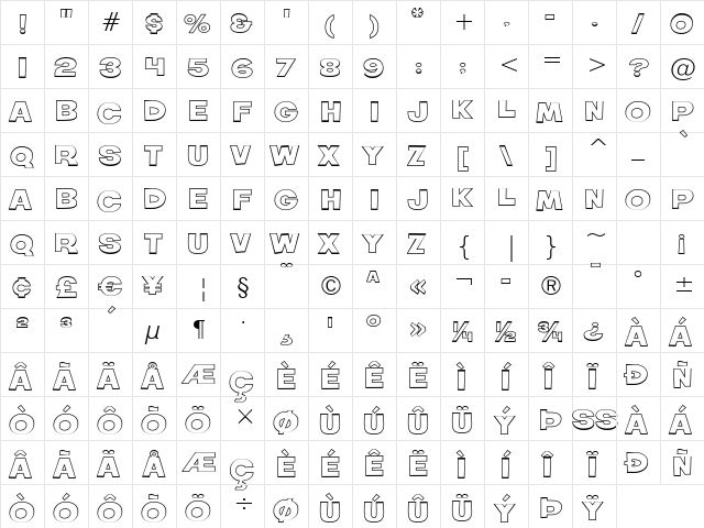 Roller World BTN Wide Bold Out Regular  glyph index