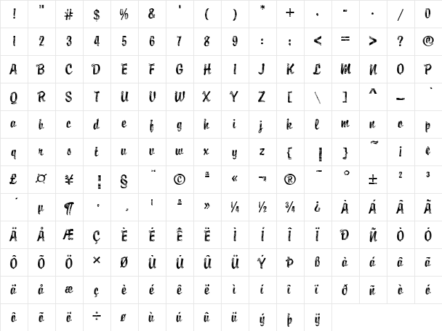 DTC Brody M23 Regular  glyph index
