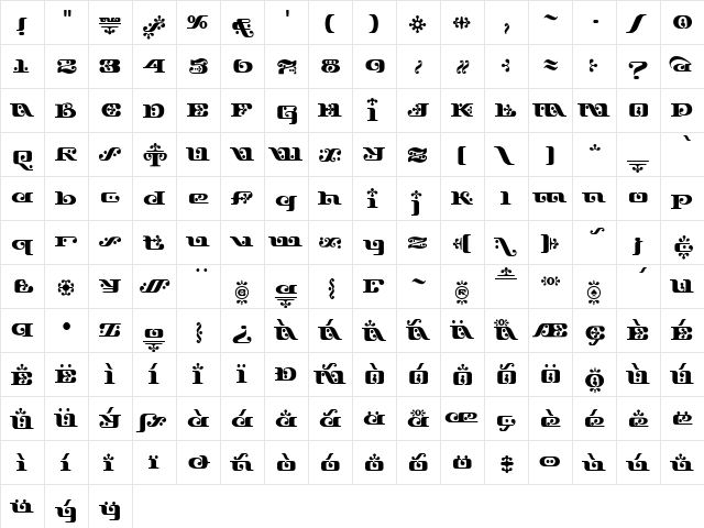 Django Bold  glyph index