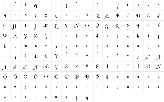FontleroyBrown Regular  glyph index