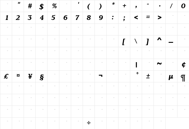 ClaremontBoldItalTab Roman  glyph index