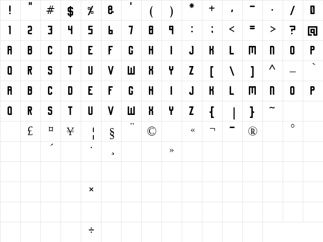 Piedmont Hill Regular  glyph index