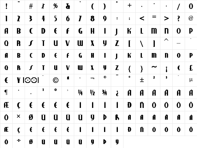 Studebaker NF Bold  glyph index