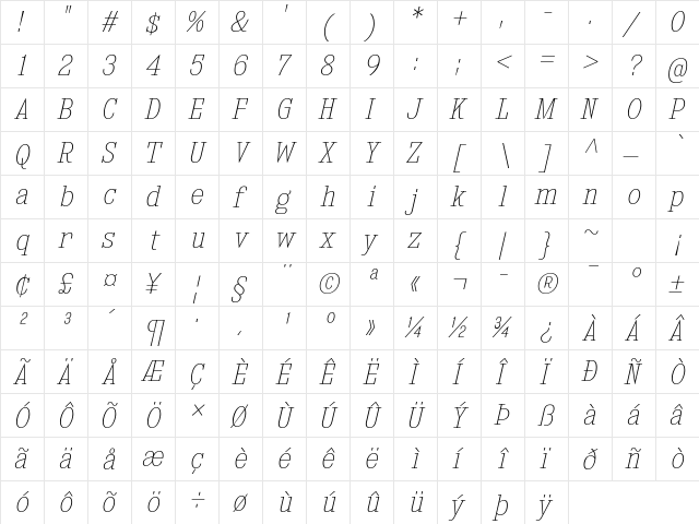 Kingsbridge SemiCondensed UltraLight Italic  glyph index