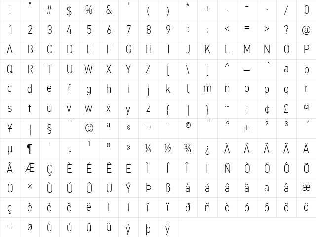 PF Din Text Cond Pro Thin  glyph index