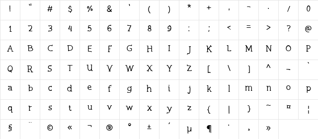 Swiming Frog Regular  glyph index