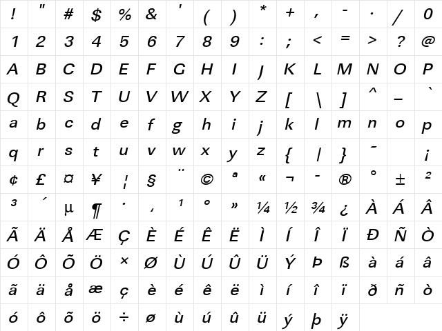 URWLinearTMedWid Oblique  glyph index