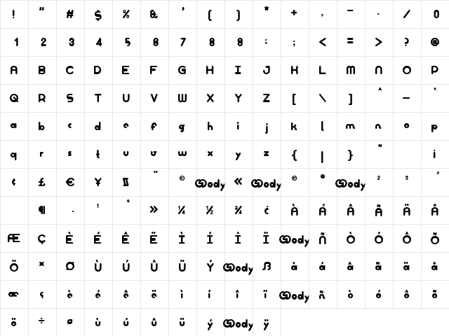 GOody Regular  glyph index