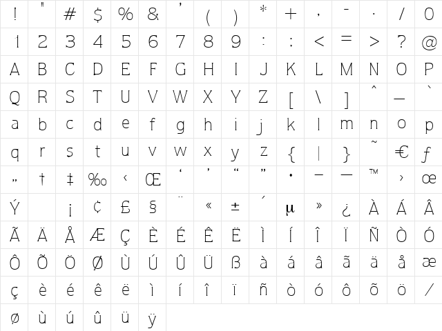 Taille Regular  glyph index