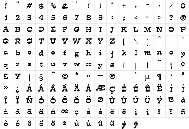 Expo Regular  glyph index