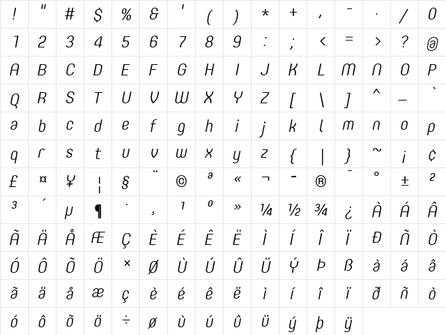 Core Mellow 35 Light Italicwoff \u261E  glyph index