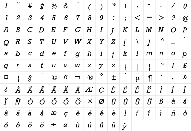 Rockwell BQ Regular  glyph index