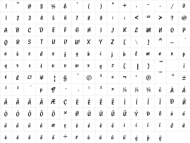 DTCBrodyM23 Regular  glyph index
